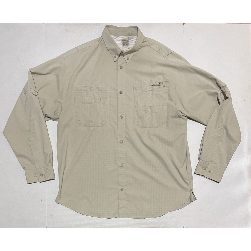 Columbia PFG Mens Size XL Tan Beige PFG Fishing‎ Long Sleeve Vented Shirt
